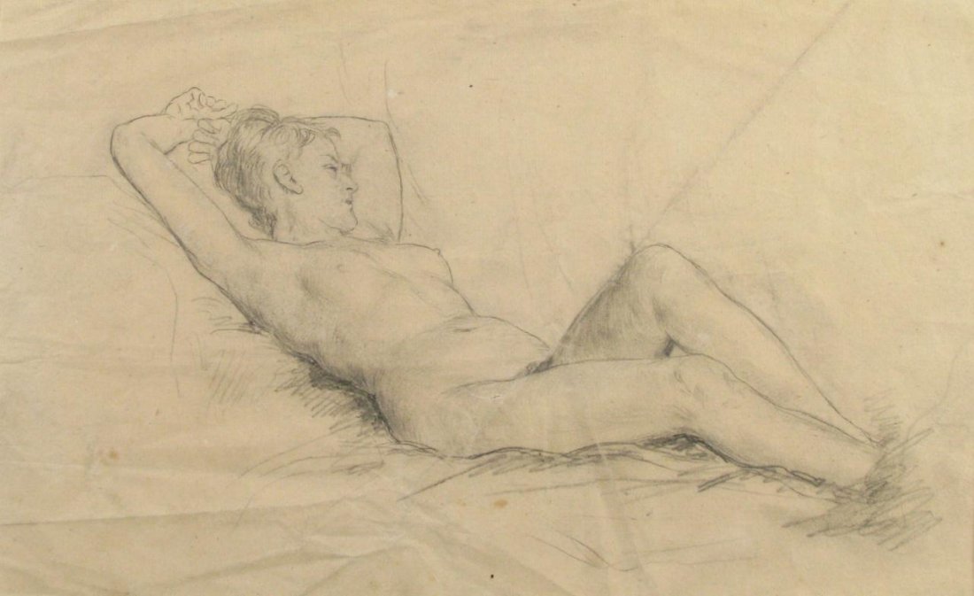R. Andriessen Three Nude Studies: Richard Andriessen (Germany/US 1856-1910), three unframed nude studies including unsigned reclining female nude in 15 x 20 matting; albumen photograph of charcoal drawing of nude reclining male in 15 