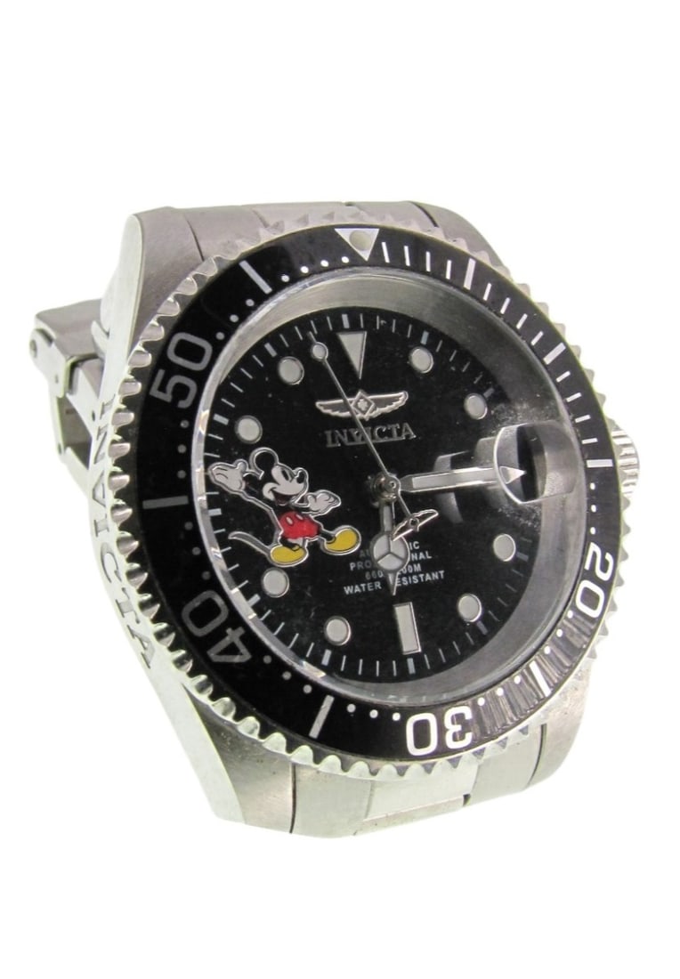 Invicta Men's Mickey Mouse Watch, Automatic: An Invicta men's stainless watch, Mickey Mouse edition ,with automatic movement, date windows at 3 o'clock, full view case back, stainless bracelet,