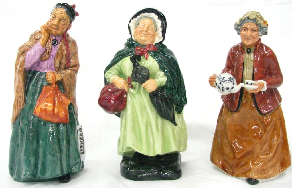 Three Royal Doulton Porcelain Figures: Three Royal Doulton Porcelain Figures including "Bridget", "Teatime", and "Sairey Gamp"
