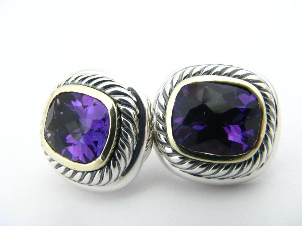 14K YG/SS David Yurman Amethyst Earrings: Pair of 14K yellow gold and sterling silver David Yurman 20mm x 20mm Amethyst, French back earrings Moyer Inventory #: 391659
