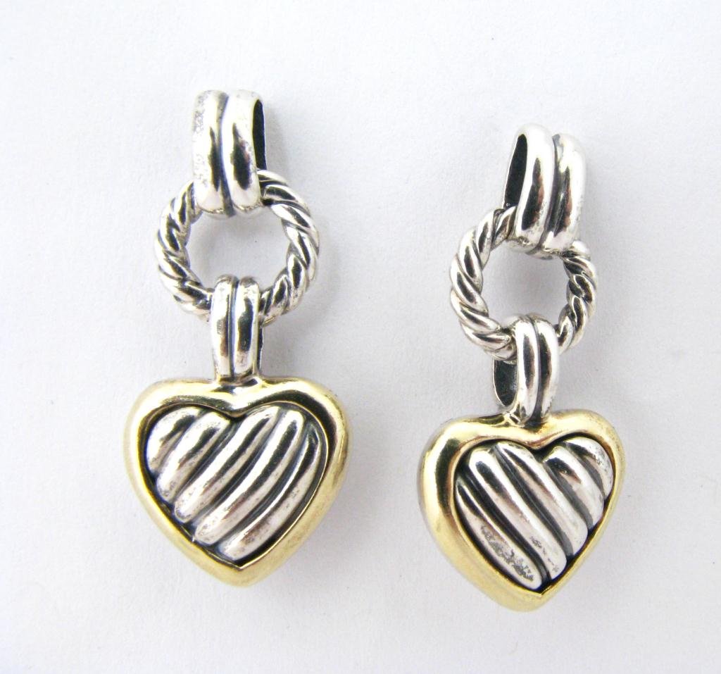 David Yurman 18K and Sterling Cable Heart Earrings: A pair of David Yurman 18K yellow gold and sterling silver cable heart drop earrings with cable rings and post backs