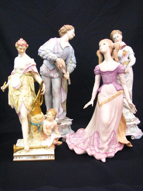 Group of Porcelain Figures: A group of porcelain figures, including a Dresden pair depicting a man and woman in classic attire (base damaged), an Ispanky limited edition figure of girl with ribbon in her hair, and a KPM 11" figu
