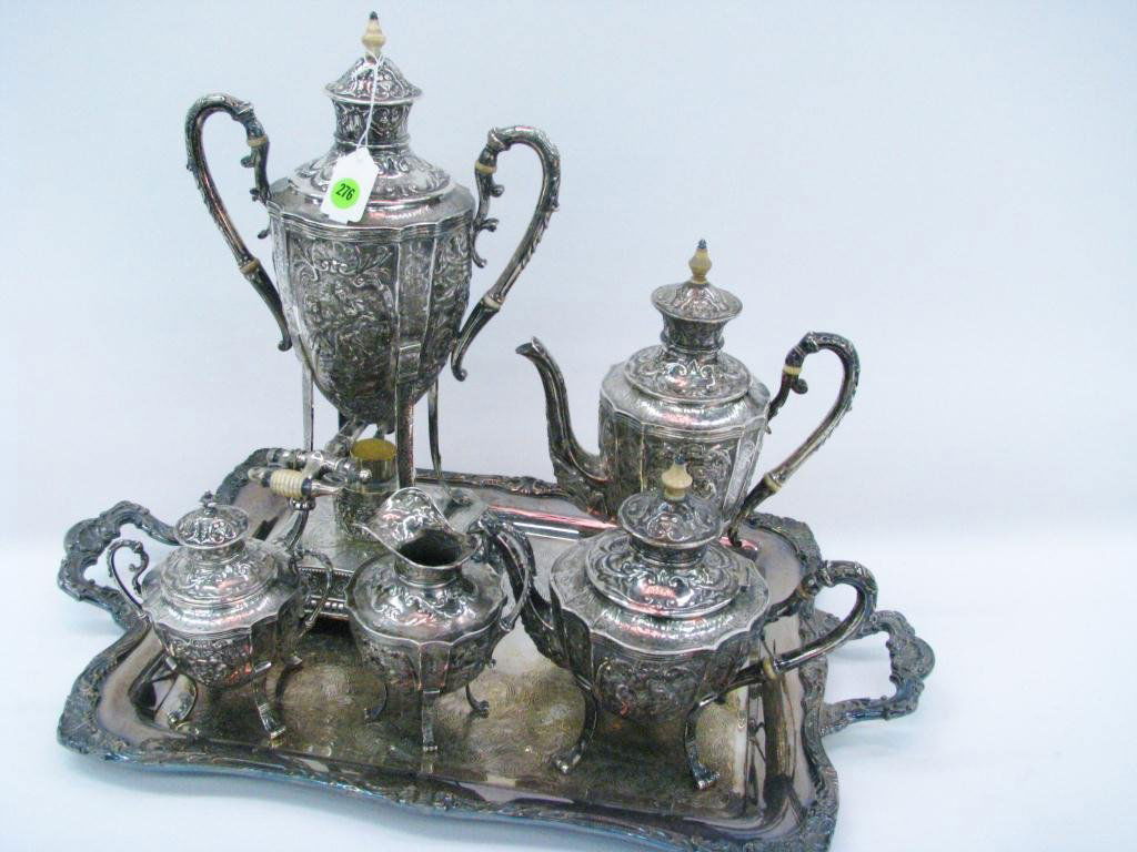 Fine German Antique Nickel Silver Coffee and Tea: A Fine German antique nickel coffee and tea service, hand chased with ivory finials, including tea pot, coffee pot, hot water kettle, creamer and sugar, selling with coordinating, non matching, Willia