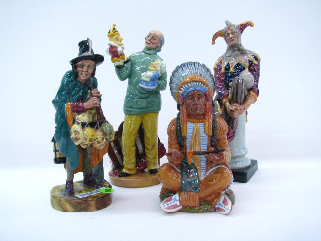 Four Royal Doulton Porcelain Figures: A group of four Royal Doulton porcelain figures, including "The Chief", "Punch and Judy Man", "The Mask Seller", and "The Jester"