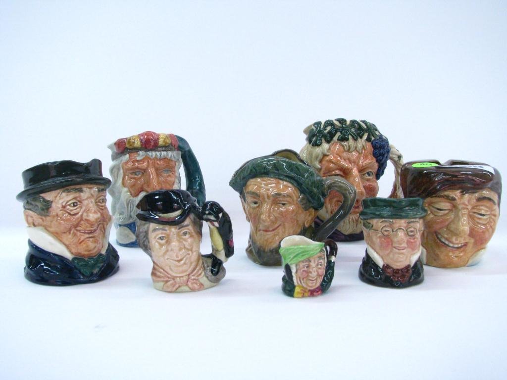 Royal Doulton Porcelain Tobies: A group of eight Royal Doulton porcelain tobies including "Neptune", "Bacchus", "Ol' Mack", one unnamed, "Farmer John" ashtray, "Mr. Pickwick", "The Walrus and Carpenter", and a miniature unnamed