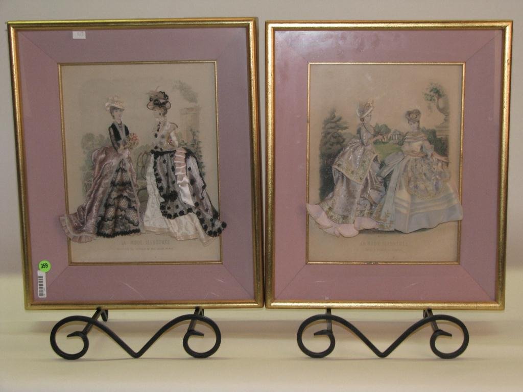 A Pair of Framed French Fashion Fabric Prints: A pair of framed French fashion fabric prints from "La Mode Illustree" in shadowbox type frames, each measures 18" by 15".