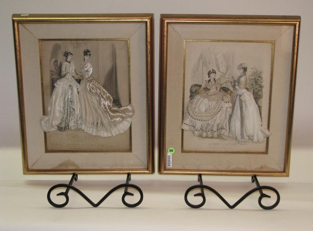 A Pair of Framed French Fashion Fabric Prints: A pair of framed French fashion fabric prints, one of them is from "La Mode Illustree" and the other one is "Revue de la Mode" in shadowbox type frames, each measures 18.5" by 15" (some water damage o