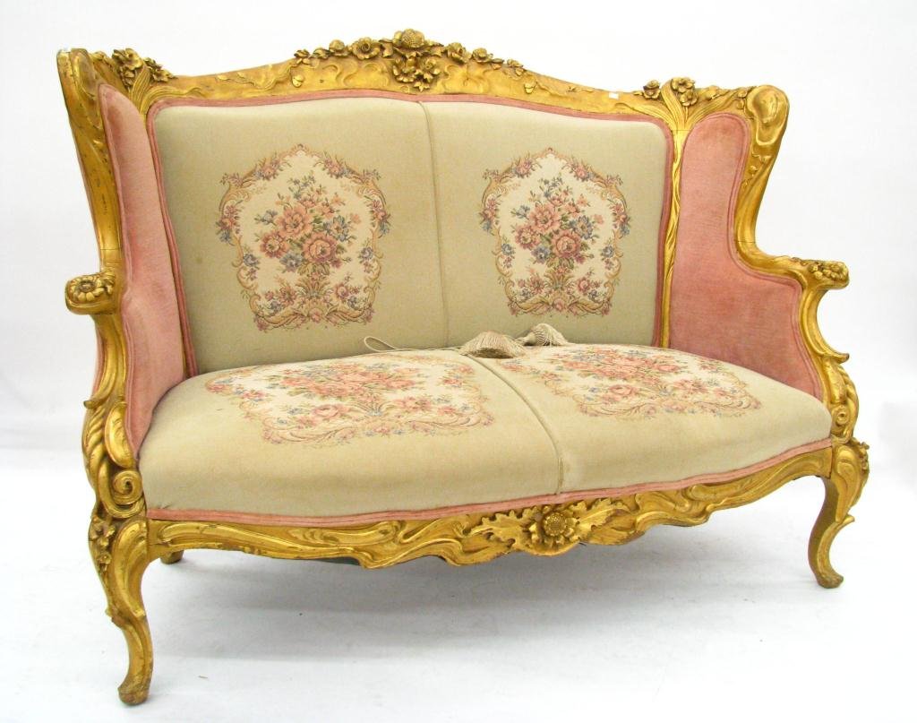 Three Piece French Style Gilt Wood Parlor Suite: Three Piece French Style Gilt Wood Parlor Suite with settee, lady's and gent's chairs, tapestry style upholstery with double welt, floral motif carved frames, circa mid 20th century