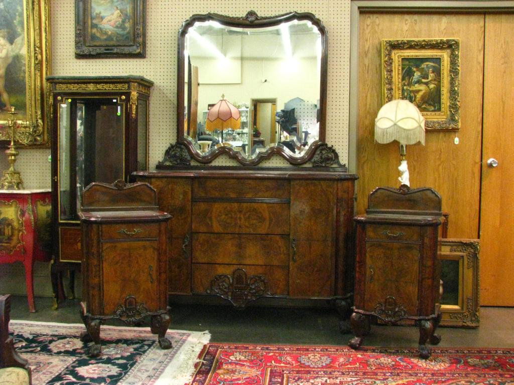 Period Art Nouveau 6 Piece Bedroom Group: Period Art Nouveau 6 piece bedroom group with beautiful olive burl veneer, applied carvings, and ball and talon feet, includes full size bed, headboard, footboard and rails, vanity dresser with mirror