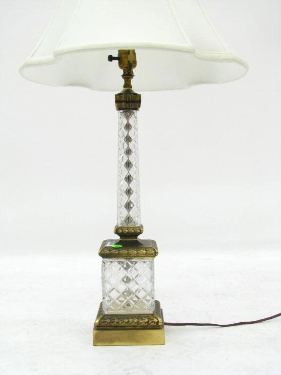 Vintage Brass and Crystal Table Lamp: Vintage brass and crystal table lamp, 32" high with silk shade.