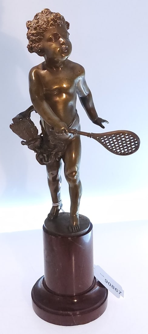 After Franz Iffland, Bronze Sculpture: Bronze sculpture after Franz Iffland (Germany, 1862-1935), depicting a boy with tennis racket wearing a sash with quiver, on a red marble base. Signed and original casting date 1891. Overall height 11