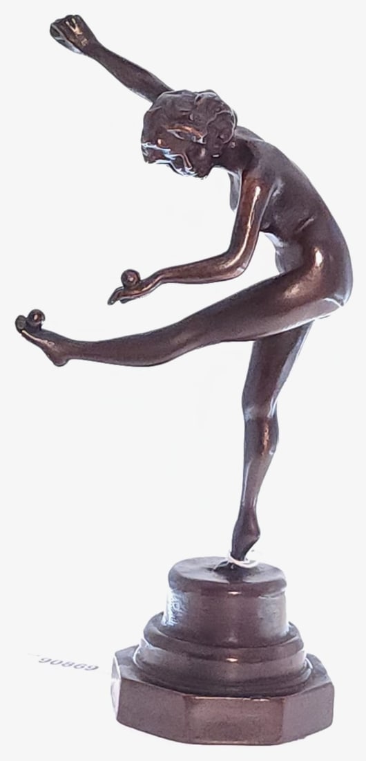 Juggler Sculpture after Claire Colinet: A bronze sculpture after Claire Jeanne Roberte Colinet (French, 1880's-1950) depicting a nude female juggler. 9" high