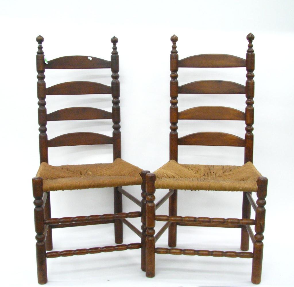 Pair of Shaker Type Ladder Back Chairs: A pair of shaker type ladder back chairs with rush tied seats.