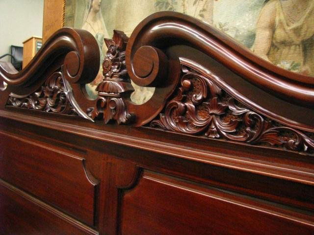 Antique Style Four Poster King Size Bed: An antique style four poster king size bed, mahogany, with Baroque twist and carved posts