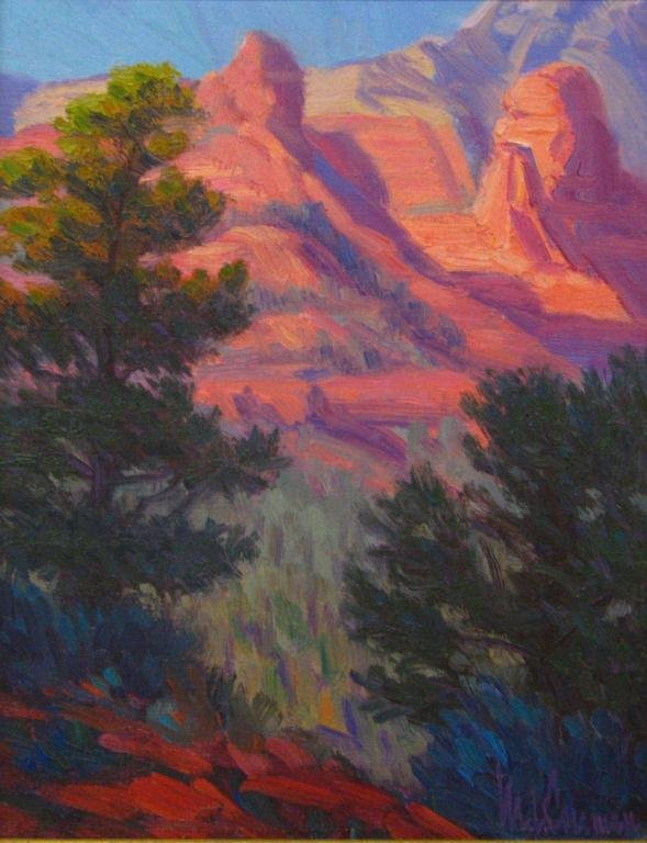Michael L. Coleman 10x8 O/B "Evening Shadows": Michael L. Coleman (Montana/Arizona, 1941 - ), 10 x 8 oil on board, signed lower right, "Evening Shadows", 1990, depicting vibrant sunset on western canyons, size as framed 14.625" x 12.625"