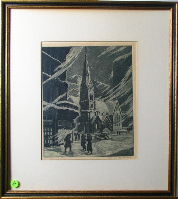 George Jo Mess Etching, Christ Church Indianapolis: George Jo Mess, 10.75 x 8.5 image size, signed lower right, #38/50 and titled "Christ Church" lower left, matted and framed under glass in 19 x 17 frame