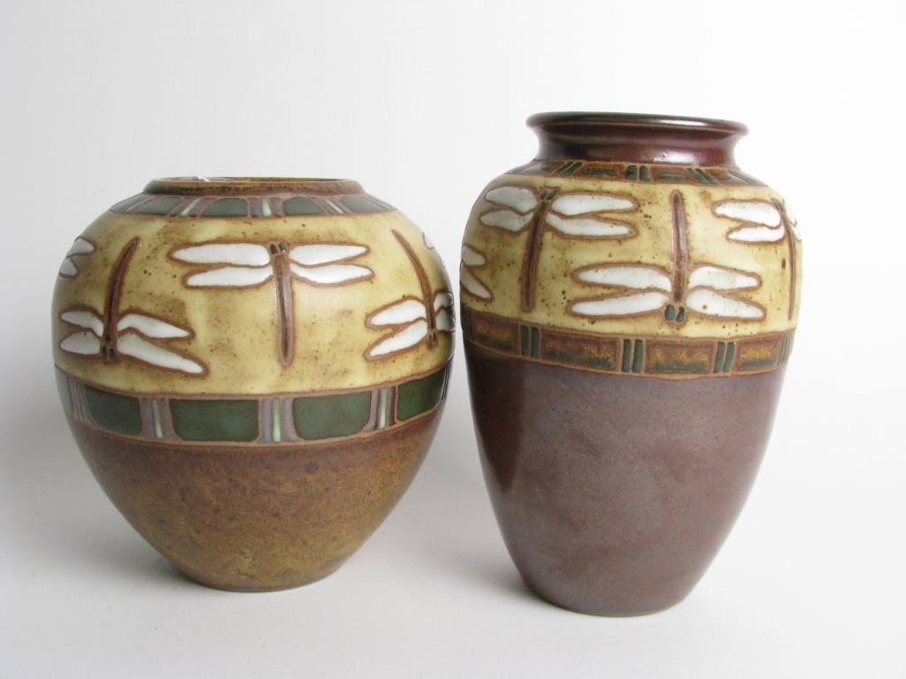Two Dragonfly Vases by Common Ground Pottery: Two 'Dragonfly' Vases by Common Ground Pottery, both handmade, one measuring 8" tall, the other dated 2002, measuring 7" tall.