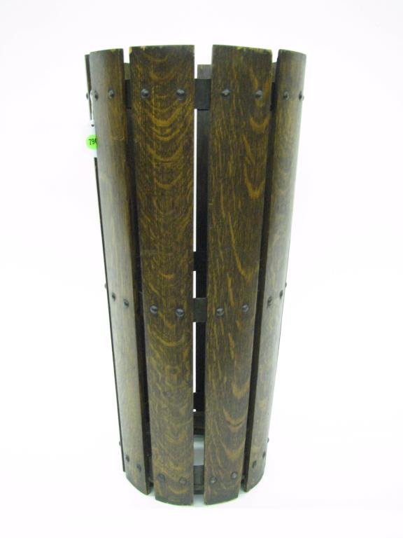 Antique Stickley Oak Umbrella Stand: An antique Stickley oak umbrella stand, 24" high, some damage to wood around base