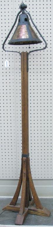 Bell Shape Floor Lamp, Style of Gustave Stickley: Arts and Crafts, style of Gustave Stickley, bell shape floor lamp with solid hand hammered copper shade and cradle, oak base, approximately 57.5" tall, unmarked