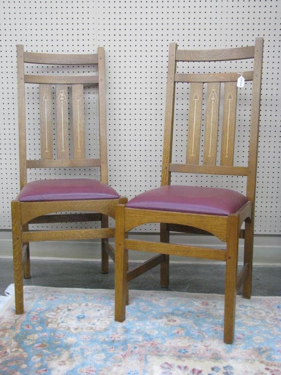 Pair of Stickley Furniture Harvey Ellis Chairs: A pair of Stickley Furniture, Harvey Ellis chairs with inlay, style 89-353A, with wine leather seat