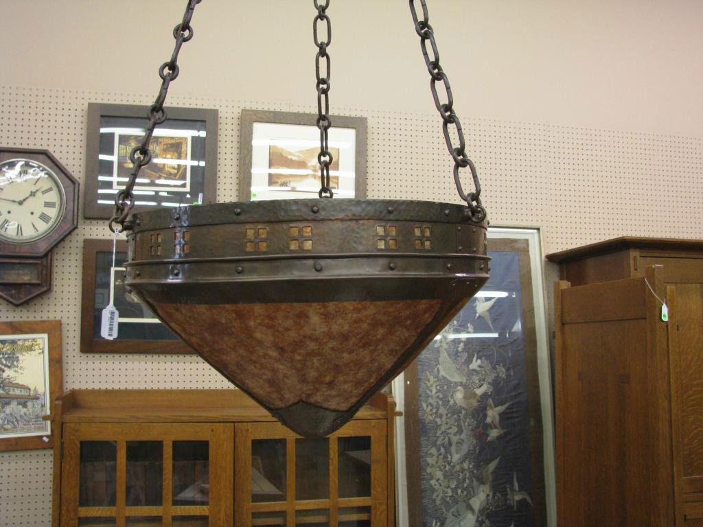 Craftsman Style Copper, Mica Ceiling Light Fixture: A Craftsman Style Copper and Mica Ceiling Light Fixture with 20" diameter shade