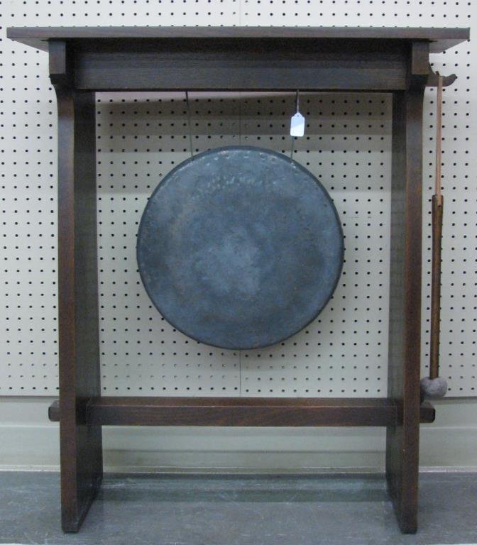 Stickley Dinner Gong: Stickley Dinner Gong, The Dinner Gong features through-keyed tenons and a handcrafted resonant bronze gong. Standing 36” high, its top may be used as a serving table, style 89-0812.