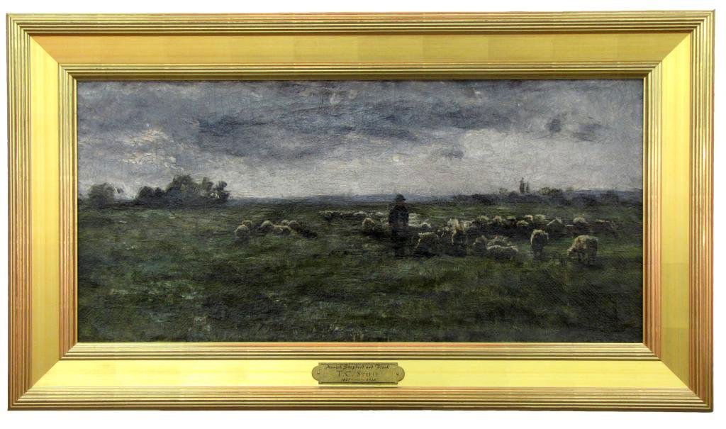 TC Steele 13x26 O/C Munich, Shepherd and Sheep: Theodore Clement Steele (IN, 1847-1926) 12.75 x 25.75 oil on canvas, unsigned, Munich-era landscape depicting shepherd and sheep, circa early 1880s Owned by Krall family for decades, previous ownershi