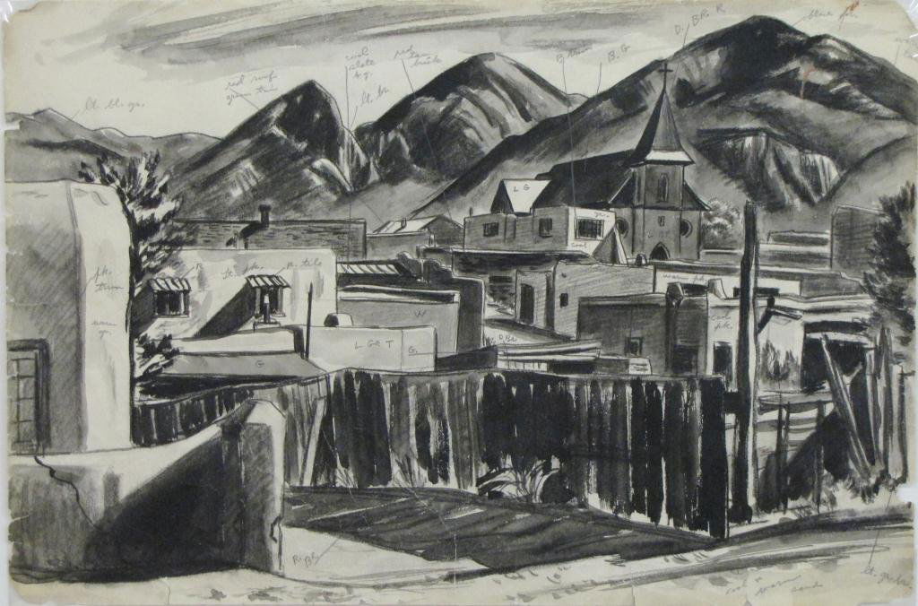 Edmund Brucker 12x18 Charcoal/WC Sketch of Taos: Edmund Brucker (IN, 1912-1999) 12 x 18, charcoal and watercolor on paper, unsigned, a sketch of Taos, including hand written notes about the scene, size as matted 18.5 x 24.5.