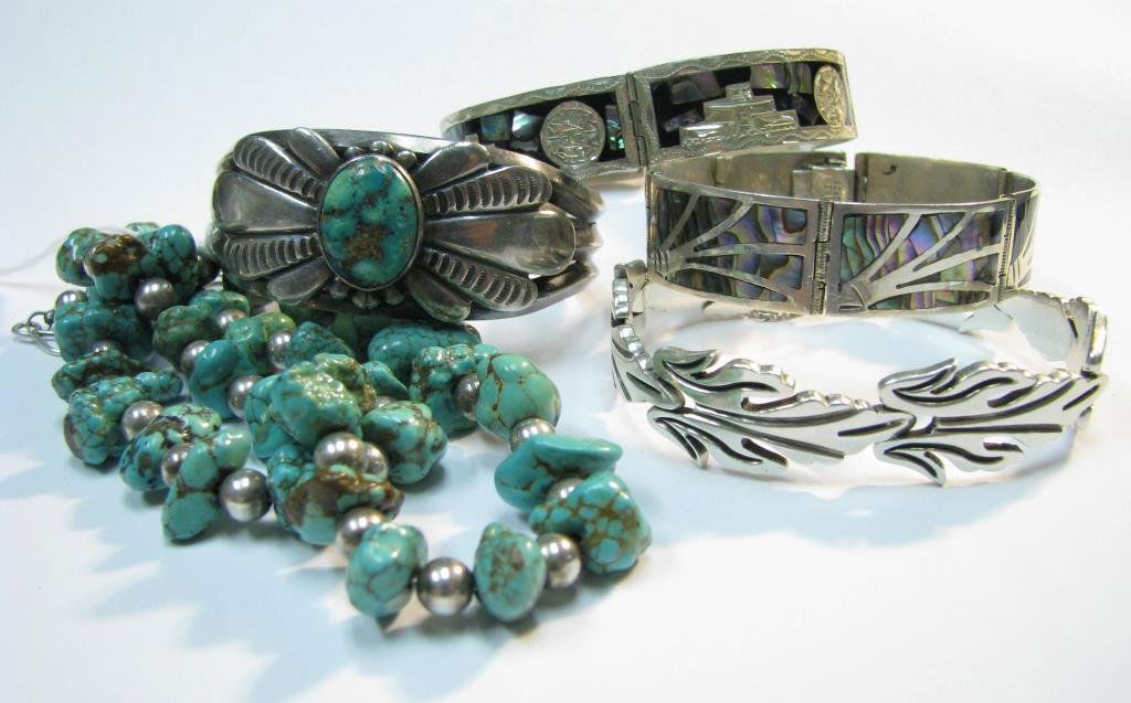 Group, Taxco, Silver Bracelets, Turquoise Necklace: Group of five bracelets, including two .925 Mexico silver hinged-link bracelets inlaid with mother of pearl, signed J. Flores .925 Taxco hingled-link bracelet, unmarked cuff bracelet with turquoise bu