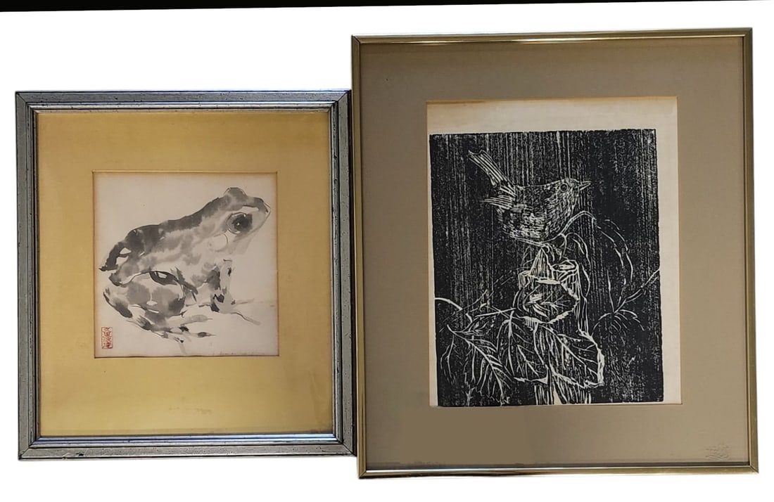 (2) Framed Works, Anne Hoffman Cleaver: (2) framed works by Anne Hoffman Cleaver (IN/MI, 1914-2008), including Japanese style brush painting, depicting frog, with chop mark lower left, signed lower right, framed: 14.5 x 12.5 (under acrylic)