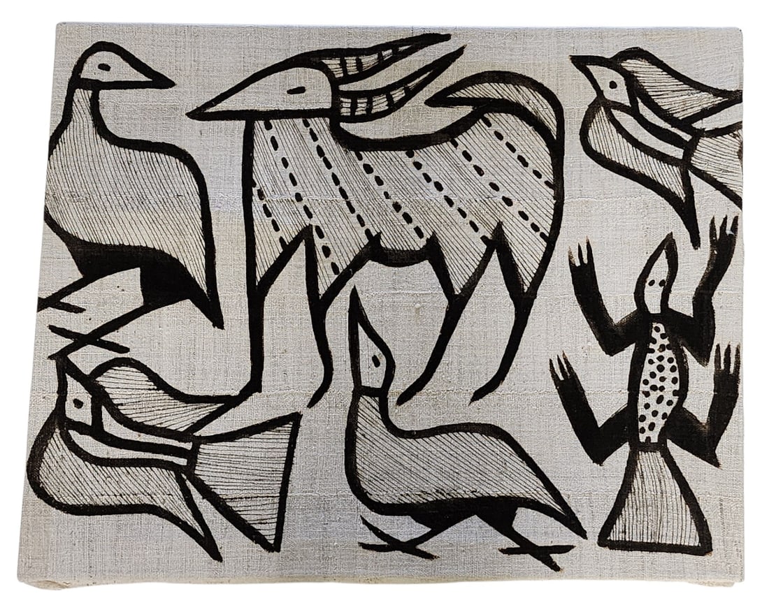African Mud Print on Canvas: An African mud print (drawing) on fabric canvas, depicting wildlife, 20th century, attributed to African tribe, originates from the Senufo people of Korhogo, Ivory Coast, size: 24 x 30.5 (unframed)