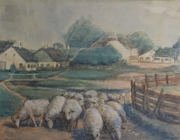 Attrib Louis Mueller 17x22 WC Sheep in Landscape