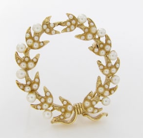 14K Yellow Gold Pearl Wreath Brooch