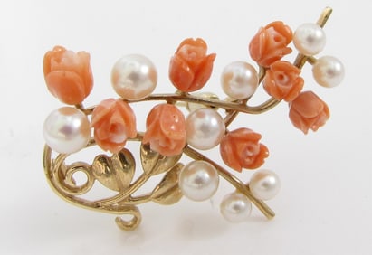Vintage 14K Yellow Gold Coral, Pearl Rose Brooch