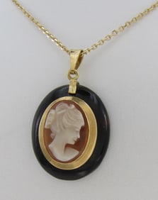 18K Yellow Gold Italian Shell Cameo, Onyx, Chain