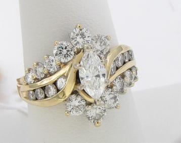 14K Yellow Gold Diamond Cluster Ring, ~1.65CT