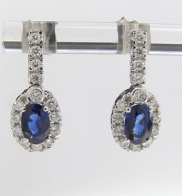 14K White Gold Diamond, Sapphire Drop Earrings