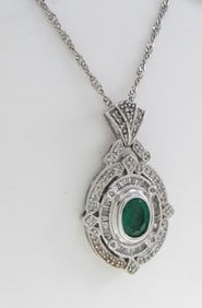 14K White Gold Emerald, Diamond Pendant, Chain