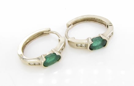 Pair of Emerald and Diamond 14K WG Hoop Earrings