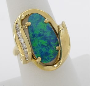 18K Yellow Gold Boulder Opal and Diamond Ring