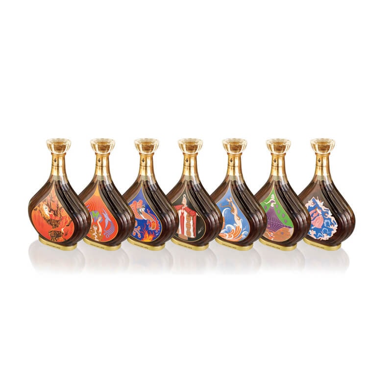 Set of 8, Erte Courvoisier Ltd Ed Bottles: The Complete Set of 8 Unopened Erte (Russian 1892-1990) Courvoisier Cognac Bottle Collection. With original boxes and clear plastic box sleeves. All eight bottles have original hang tags, This set con