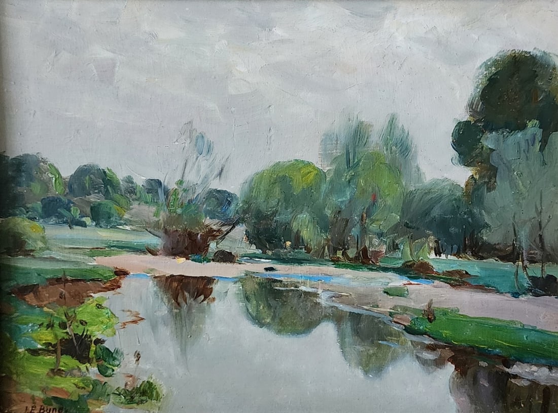 John Elwood Bundy 9x12 O/B Creek Landscape: John Elwood Bundy (IN, 1853-1933) 9x12 , O/B , signed lower left , Creek Landscape size as framed: 19.5 x 22.5