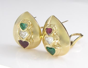 18K YG Columbian Emerald, Diamond, Ruby Earrings