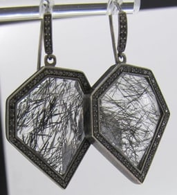 14K Rutilated Quartz, Black Diamond Earrings