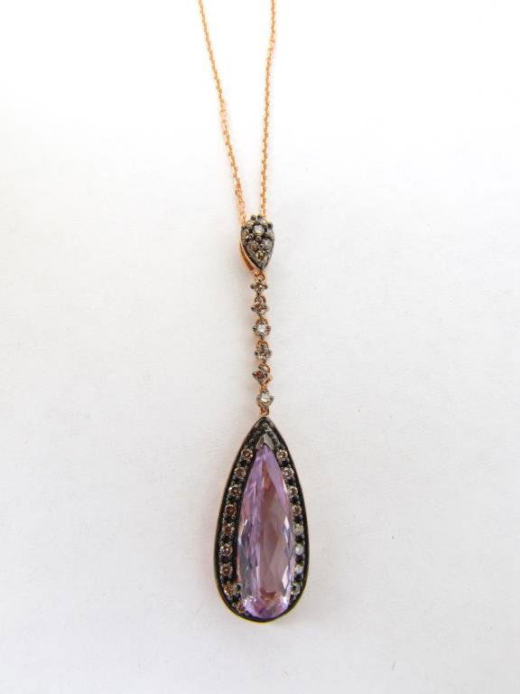 14K Rose Gold LeVian Amethyst, Diamond Pendant: A 14K rose gold pendant with pear shape amethyst center, surrounded and accented by approximately thirty-three round chocolate diamonds, on 18" 14K rose gold cable chain, 3.6dwt 391731