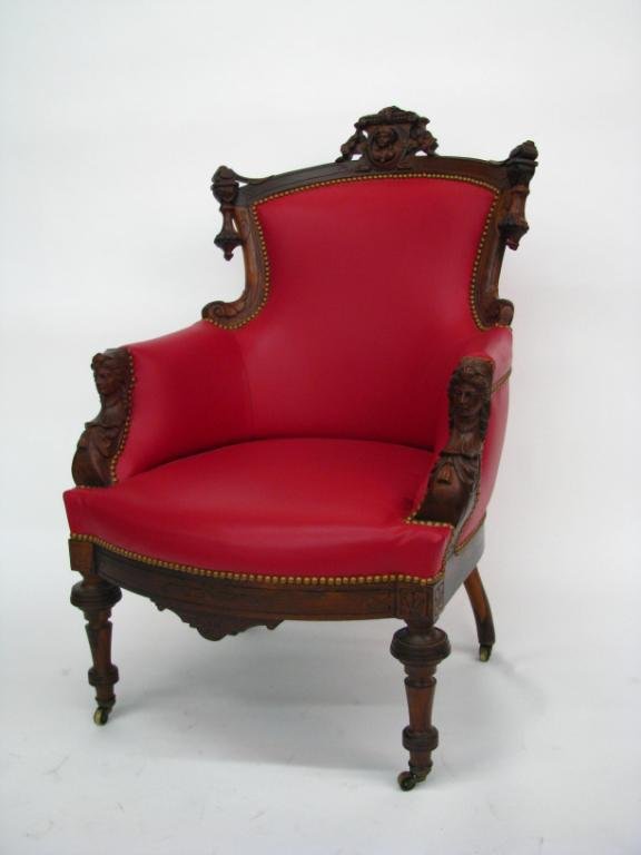 Antique Renaissance Revival Arm Chair, Jeliff: Attributed to John Jellif antique walnut Renaissance Revival arm chair, with figural carved trim, with newer upholstery