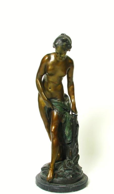 After Falconet, Bronze, "Bathing Nymph": An after Étienne Maurice Falconet (French, 1716-1791) bronze "Bathing Nymph", signed and dated on base 1900, and numbered 10/100, depicting a nude female, on marble plinth, 28" high