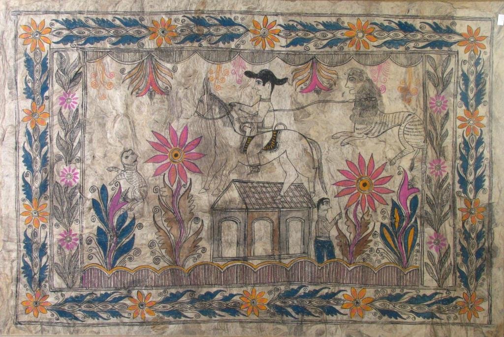 Antique Mexican Indigenous Painting: An antique Mexican Indigenous painting in handcrafted frame, 150-200 years old, dream scene of man riding a horse holding the chain of a caught lion, brightly colored and detailed, with a floral and l