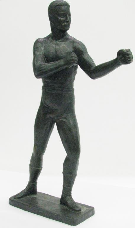 Vintage Bronze Boxer Figure: A vintage bronze boxer figure, unclearly signed (possibly Ribichini), 25" tall