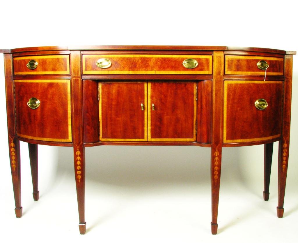Thomasville Federal Style Sideboard: A Thomasville Mahogany Collection Federal style sideboard, banded mahogany, marquetry inlaid decoration on legs, 62" wide